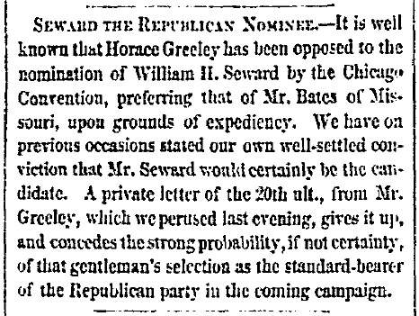 “Seward the Republican Nominee,” San Francisco (CA) Evening Bulletin, April 25, 1860