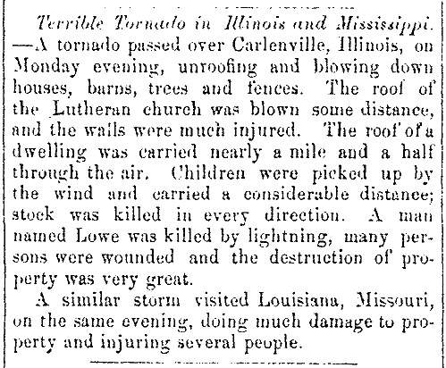 “Terrible Tornado in Illinois and Mississippi,” Fayetteville (NC) Observer, April 30, 1860