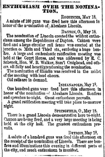 “Enthusiasm over the Nomination,” Cleveland (OH) Herald, May 19, 1860