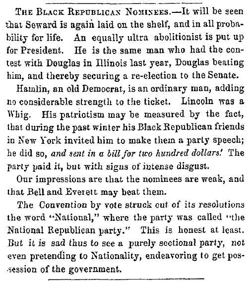"The Black Republican Nominees," Fayetteville (NC) Observer, May 21, 1860
