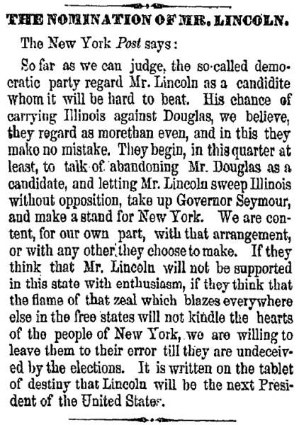 “The Nomination of Mr. Lincoln,” Cleveland (OH) Herald, May 22, 1860