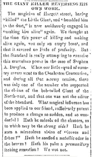 "The Giant Killer Reversing His Own Work," Raleigh (NC) Register, May 23, 1860