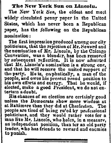 “The New York Sun on Lincoln,” Chicago (IL) Press and Tribune, May 28, 1860