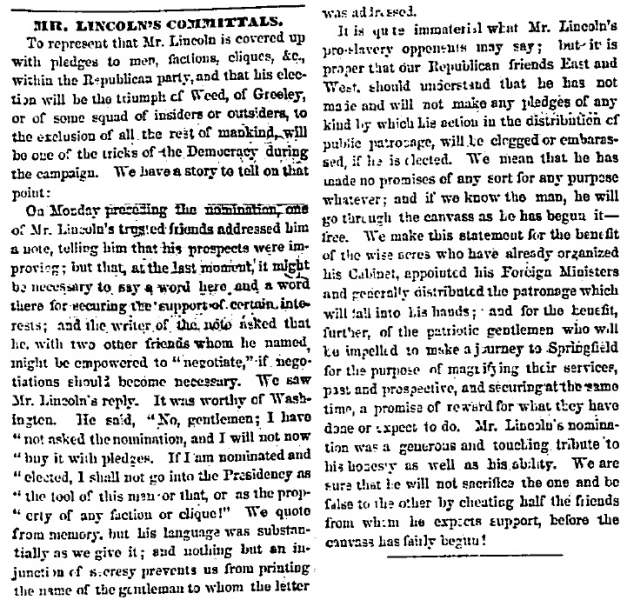 “Mr. Lincoln's Committals,” Chicago (IL) Press and Tribune, May 28, 1860