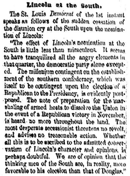 “Lincoln at the South,” Cleveland (OH) Herald, June 7, 1860