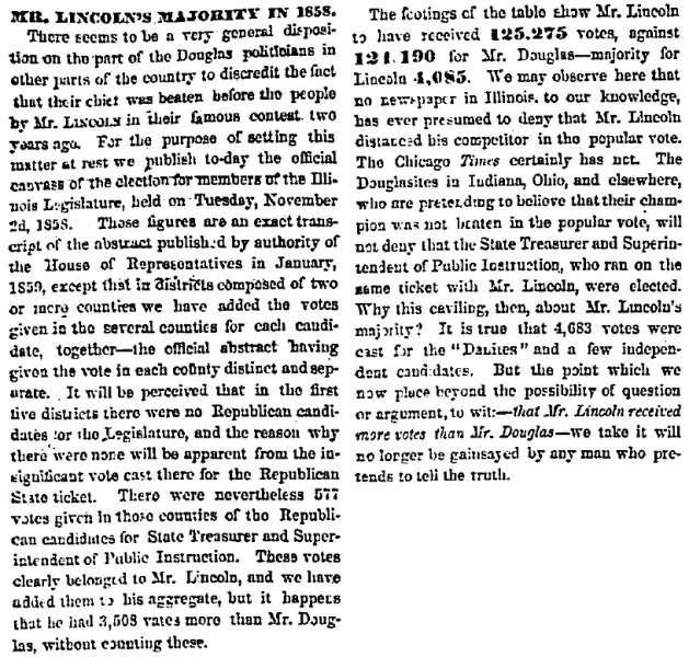 “Mr. Lincoln’s Majority in 1858,” Chicago (IL) Press and Tribune, June 11, 1860