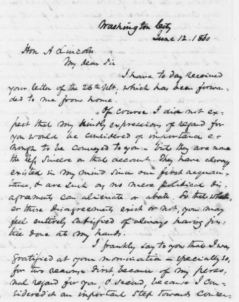 Richard W. Thompson to Abraham Lincoln, June 12, 1860 (Page 1)
