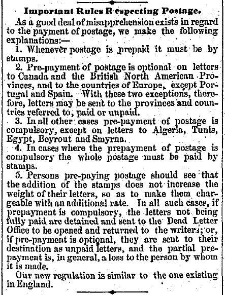 “Important Rules Respecting Postage,” Boston (MA) Advertiser, June 16, 1860