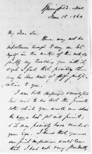 George Ashmun to Abraham Lincoln, June 18, 1860 (Page 1)