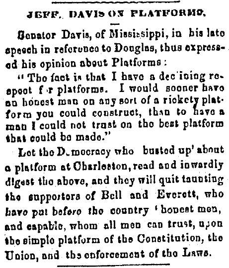 “Jeff. Davis on Platforms,” Charlestown (VA) Free Press, June 21, 1860