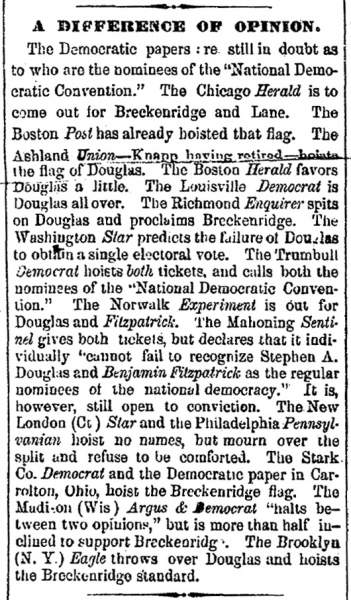 “A Difference of Opinion,” Cleveland (OH) Herald, June 29, 1860