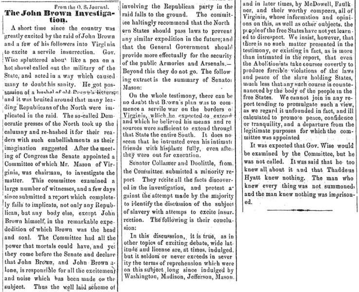 “The John Brown Investigation,” Ripley (OH) Bee, July 5, 1860