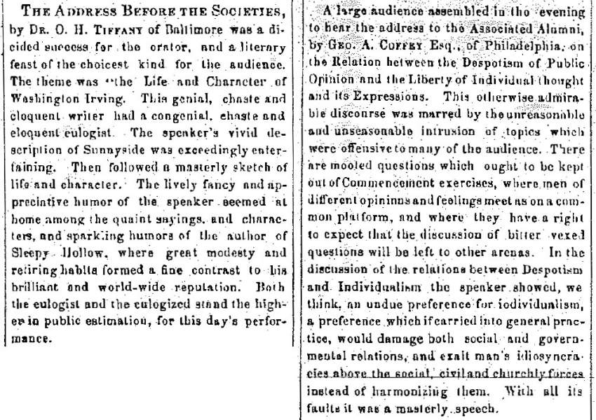 “Commencement Exercises of Dickinson College,” Carlisle (PA) Herald, July 13, 1860
