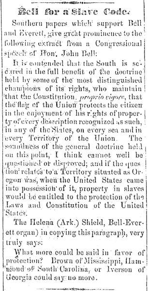 “Bell for a Slave Code,” Ripley (OH) Bee, July 26, 1860
