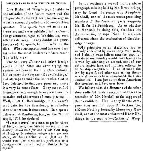  "Breckinridge's Preferences," Charlestown (VA) Free Press, August 2, 1860