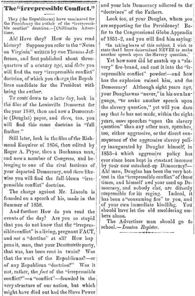 "The 'Irrepressible Conflict,'" Ripley (OH) Bee, August 9, 1860