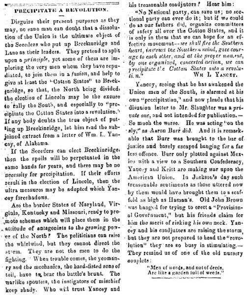 "Precipitate A Revolution," Charlestown (VA)  Free Press, August 9, 1860