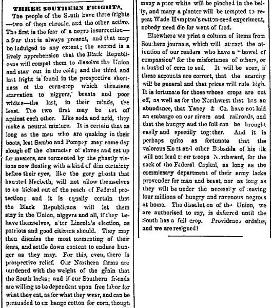 “Three Southern Frights,” Chicago (IL) Press and Tribune, August 13, 1860