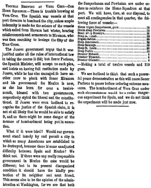 “Trouble Brewing at Vera Cruz,” New York Herald, August 24, 1860