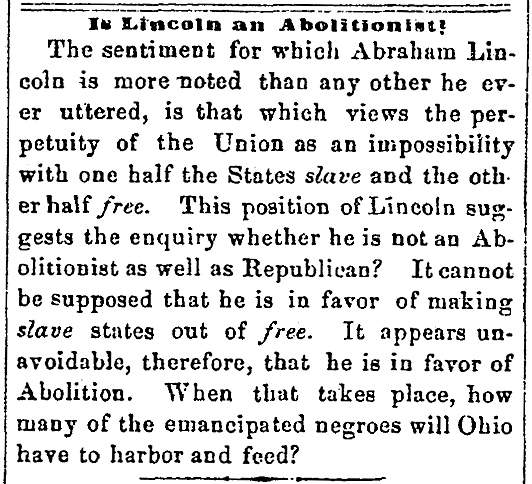 “Is Lincoln an Abolitionist?,” Newark (OH) Advocate, August 31, 1860