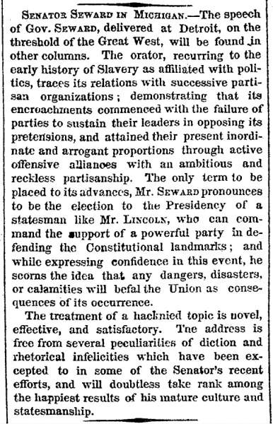 “Senator Seward in Michigan,” New York Times, September 5, 1860