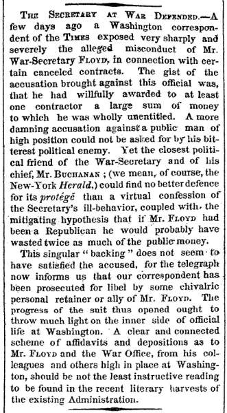 “The Secretary at War Defended,” New York Times, September 6, 1860