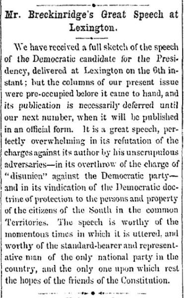 "Mr. Breckinridge’s Great Speech at Lexington," (Jackson) Mississippian, September 11, 1860