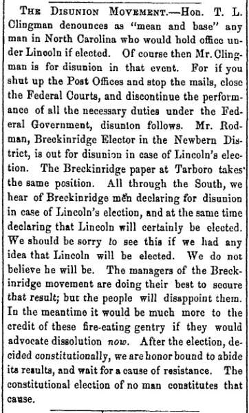 "The Disunion Movement," Fayetteville (NC) Observer, September 13, 1860