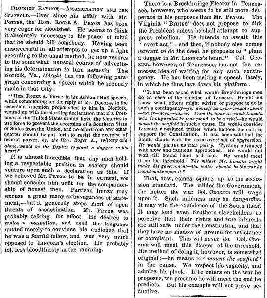 “Disunion Ravings,” New York Times, September 20, 1860