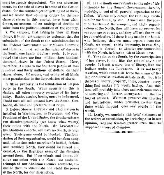 "The Terrors of Submission," Charleston (SC) Mercury, October 11, 1860 (Page 2)