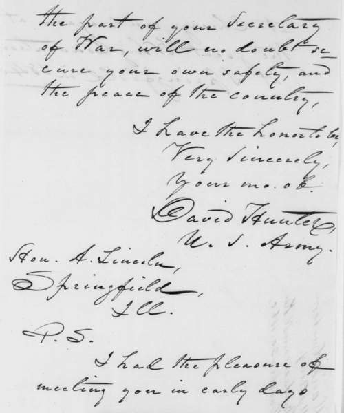 David Hunter to Abraham Lincoln, October 20, 1860 (Page 3)