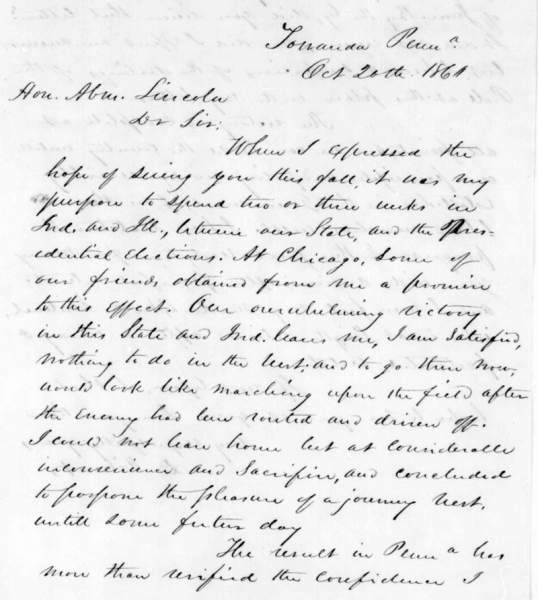 David Wilmot to Abraham Lincoln, October 20, 1860 (Page 1)