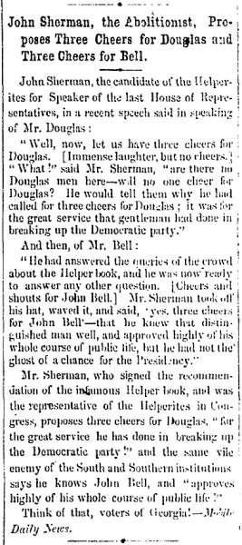"John Sherman, the Abolitionist, Proposes Three Cheers for Douglas," (Jackson) Mississippian, October 24, 1860
