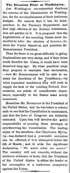 “The Disunion Plot at Washington,” New York Times, October 26, 1860