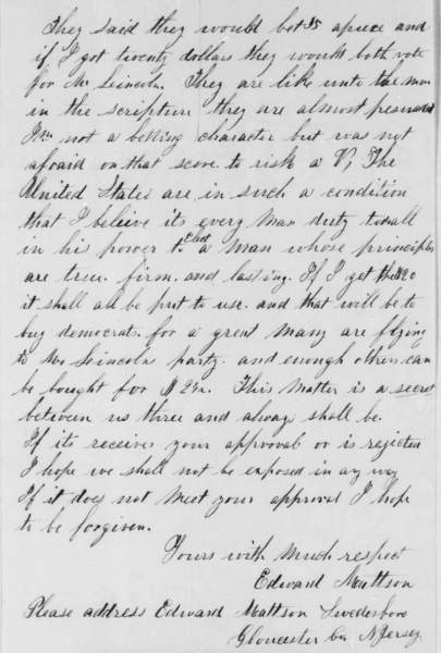 Edward Mattson to Abraham Lincoln, October 29, 1860 (Page 2)