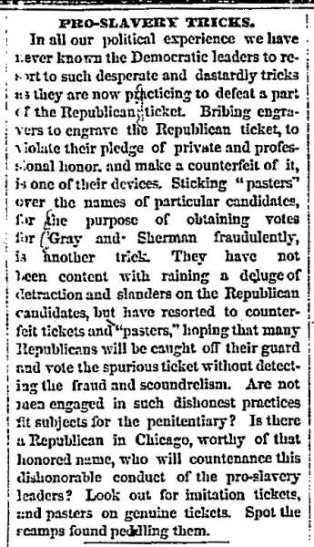 "Pro-Slavery Tricks," Chicago (IL) Tribune, November 6, 1860
