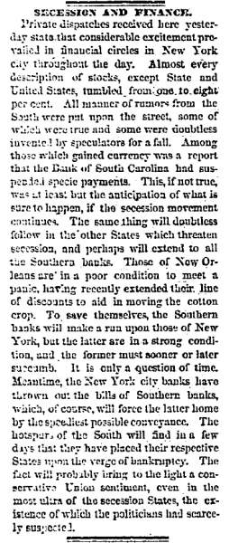 "Secession and Finance," Chicago (IL) Tribune, November 13, 1860