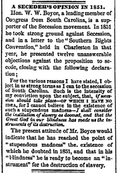 "A Seceder's Opinion in 1851," Chicago (IL) Tribune, November 16, 1860