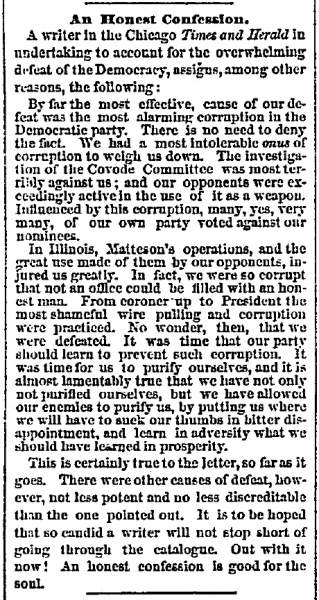 "An Honest Confession," Chicago (IL) Tribune, November 17, 1860