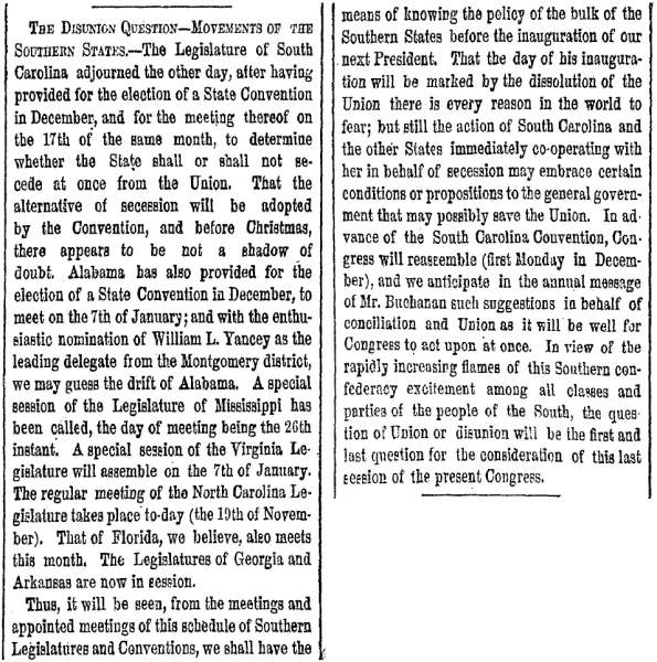 “The Disunion Question,” New York Herald, November 19, 1860