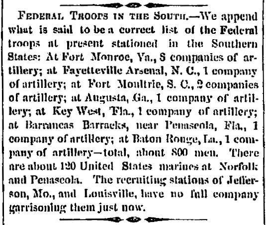 "Federal Troops in the South," Charleston (SC) Mercury, November 20, 1860