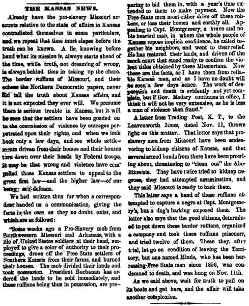 “The Kansas News,” Cleveland (OH) Herald, November 23, 1860