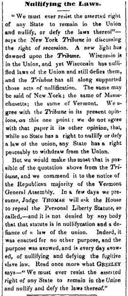 “Nullifying the Laws,” (Montpelier) Vermont Patriot, November 24, 1860