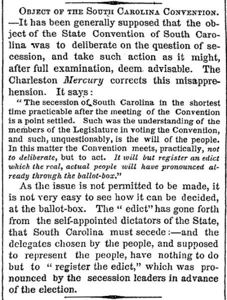 "Object of the South Carolina Convention," New York Times, November 24, 1860