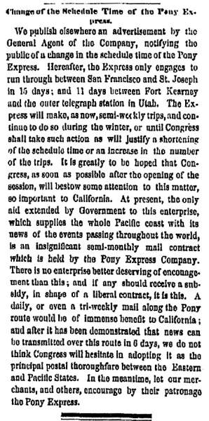 "Change of the Schedule Time of the Pony Express," San Francisco (CA) Evening Bulletin, December 4, 1860