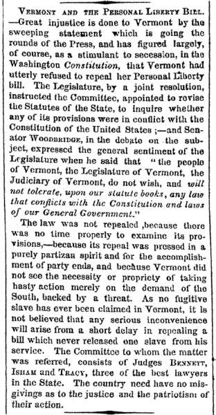 “Vermont and the Personal Liberty Bill,” New York Times, December 7, 1860