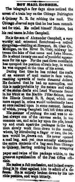 “Boy Mail Robber,” Cleveland (OH) Herald, December 10, 1860