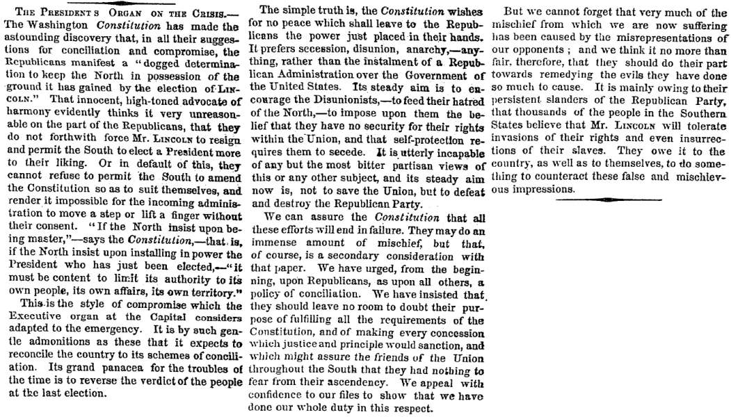 “The President’s Organ on the Crisis,” New York Times, December 11, 1860