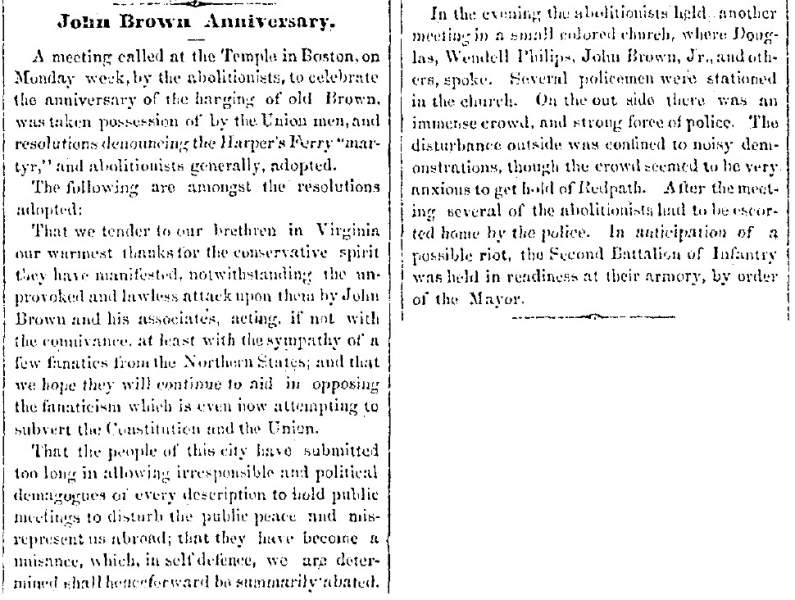 “John Brown Anniversary,” Charlestown (VA) Free Press, December 13, 1860