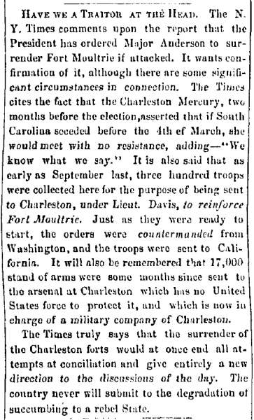 “Have We a Traitor at the Head,” Bangor (ME) Whig and Courier, December 25, 1860